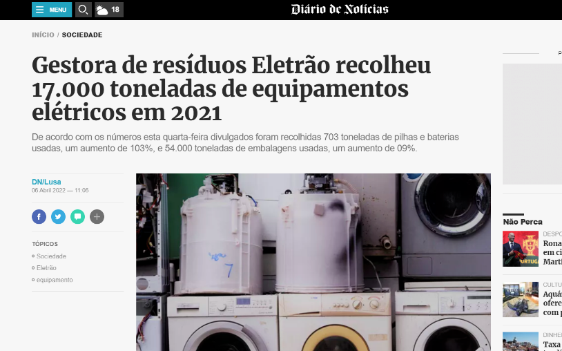 Gestora de resíduos Eletrão recolheu 17.000 toneladas de equipamentos elétricos em 2021